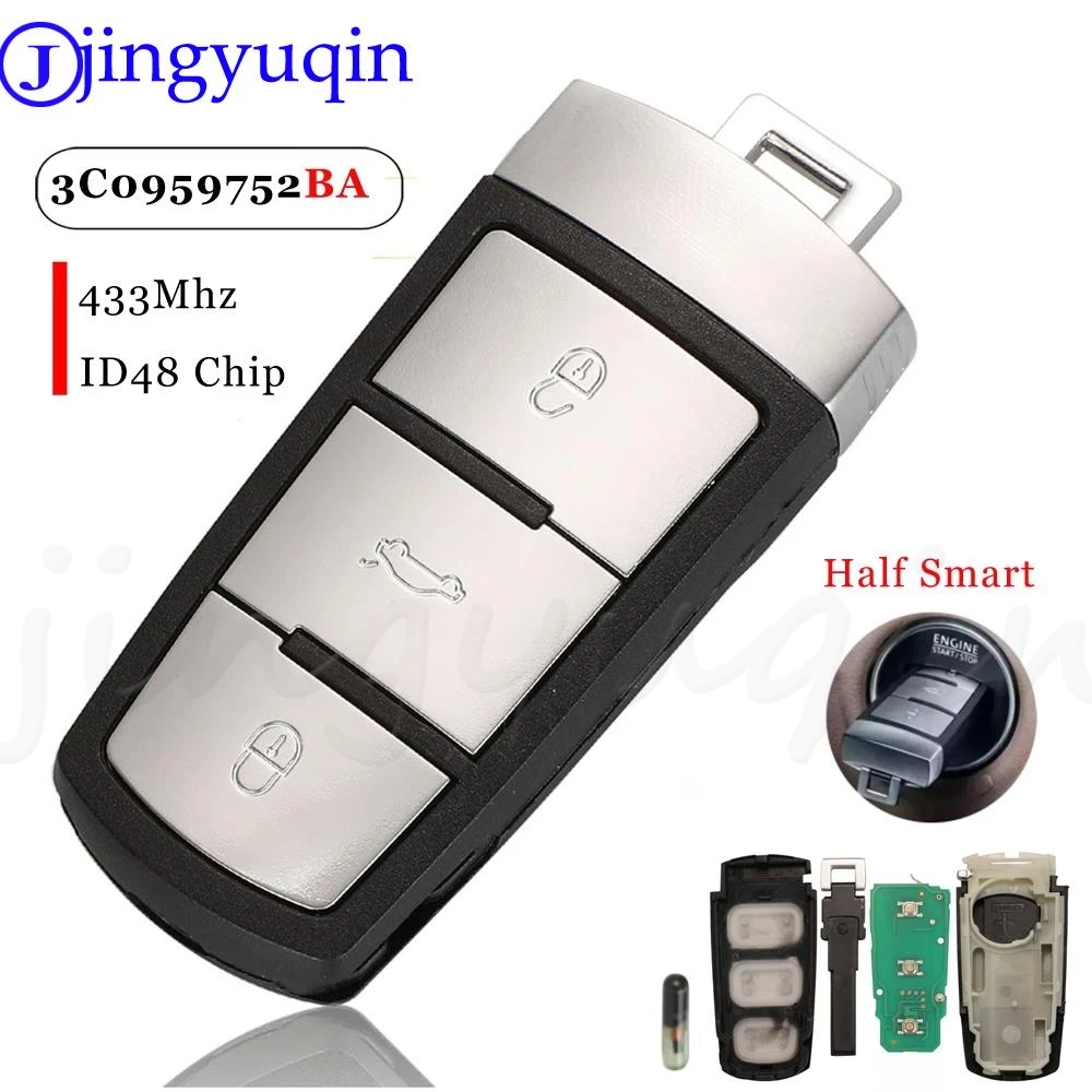 jingyuqin 10pcs 3 Buttons Flip Smart Car Remote Key Fob with ID48 Chip 3C0959752BA 433MHZ ID48 For VW Passat B6 3C B7 Magotan CC