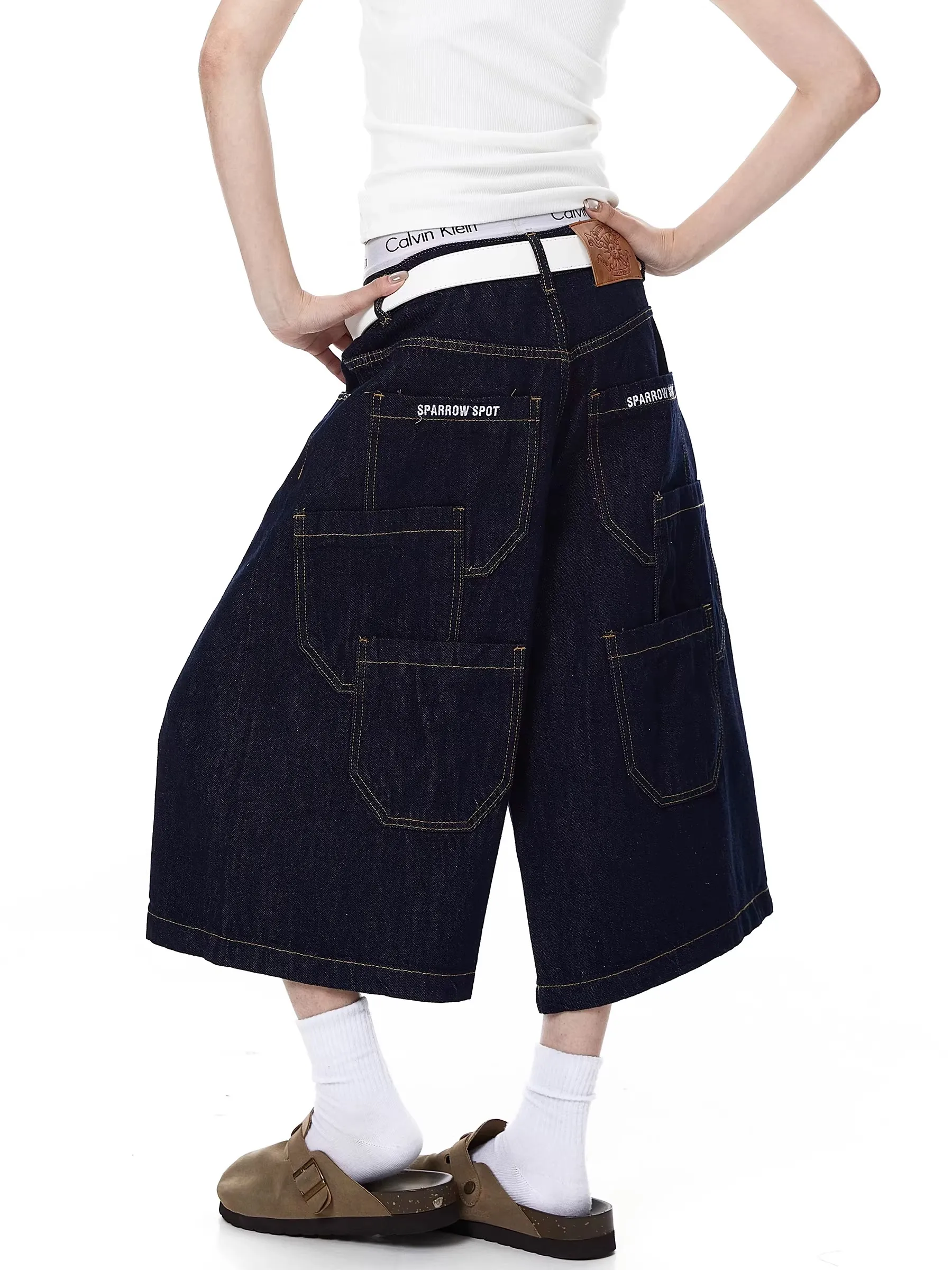 

Retro American Washed Denim Seven-Foot Pants Men Women Loose Wide Leg Over-Knee Workwear Shorts Trendy High Waist Pocket Deta...