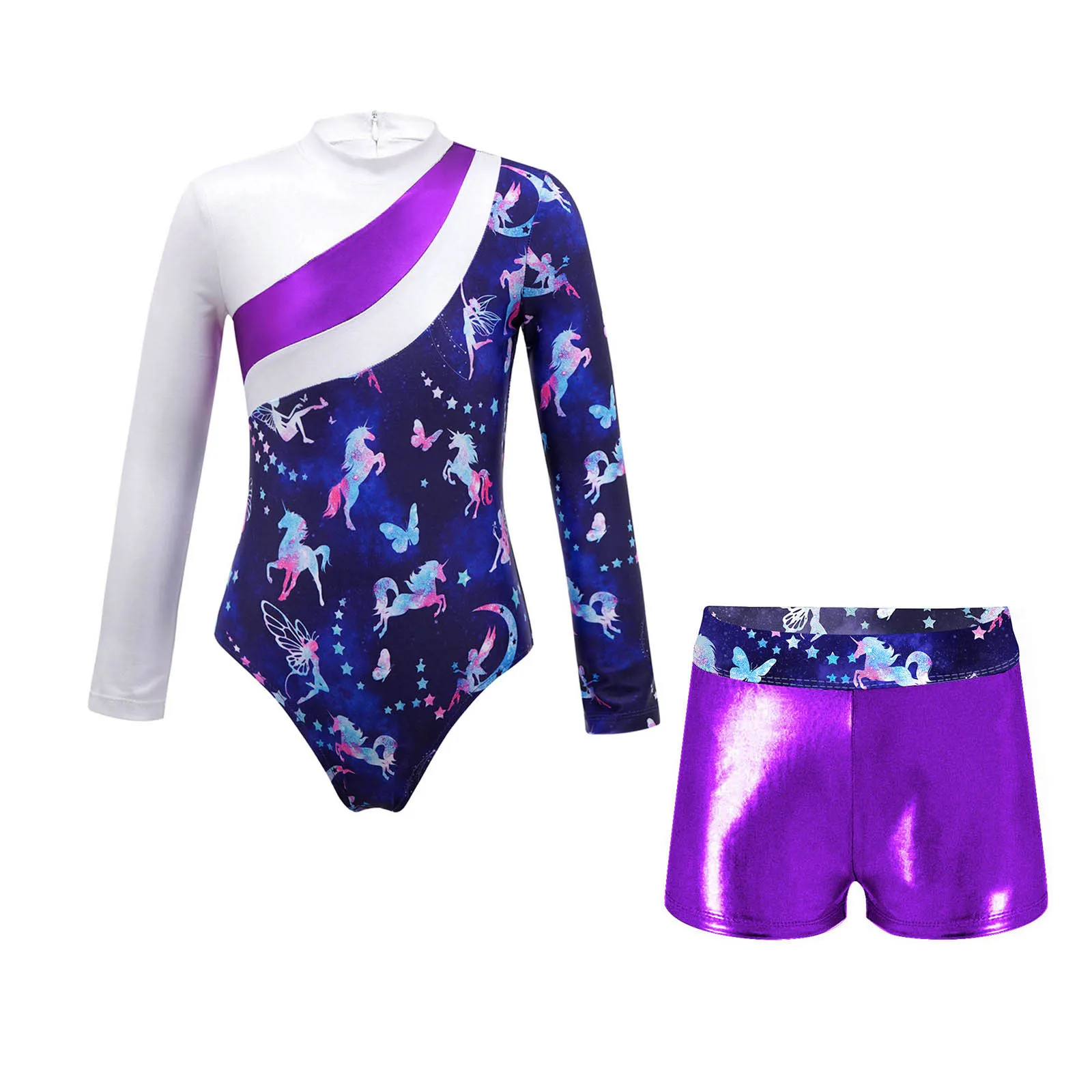 Kids Ballet Dance Outfit Printed Patchwork Gymnastics Leotard with Shorts Sets Skating Bodysuit for Girls Dancing Competition