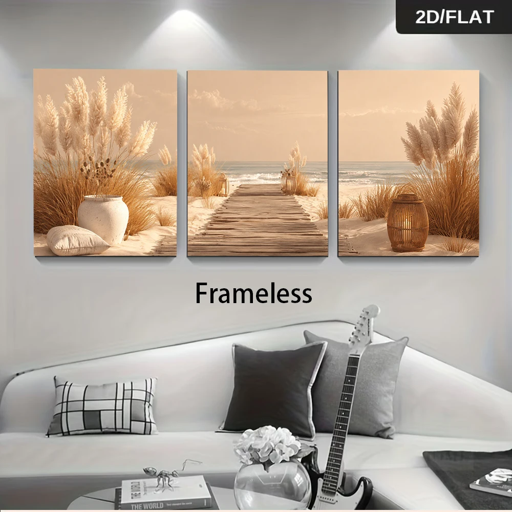 3PCS Frameless,1 set of Nordic-style frameless three-panel decorative paintings, abstract landscape paintings, 2D flat design