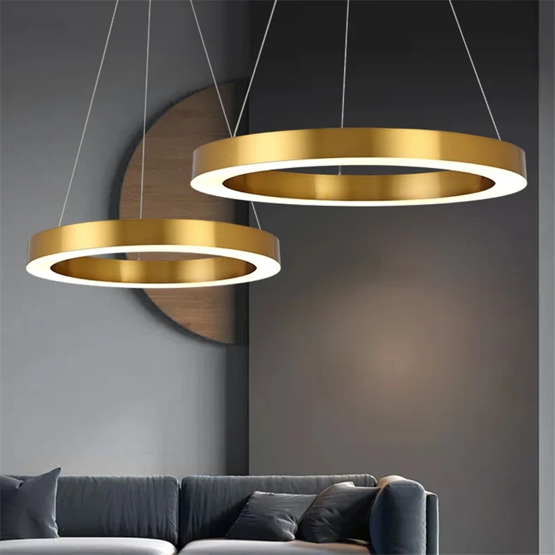 Post Modern LED Pendant Lights Round Circular Gold Ring Hanging Lamp Dining Room Living Room Lustre Stainless Steel Pendant Lamp