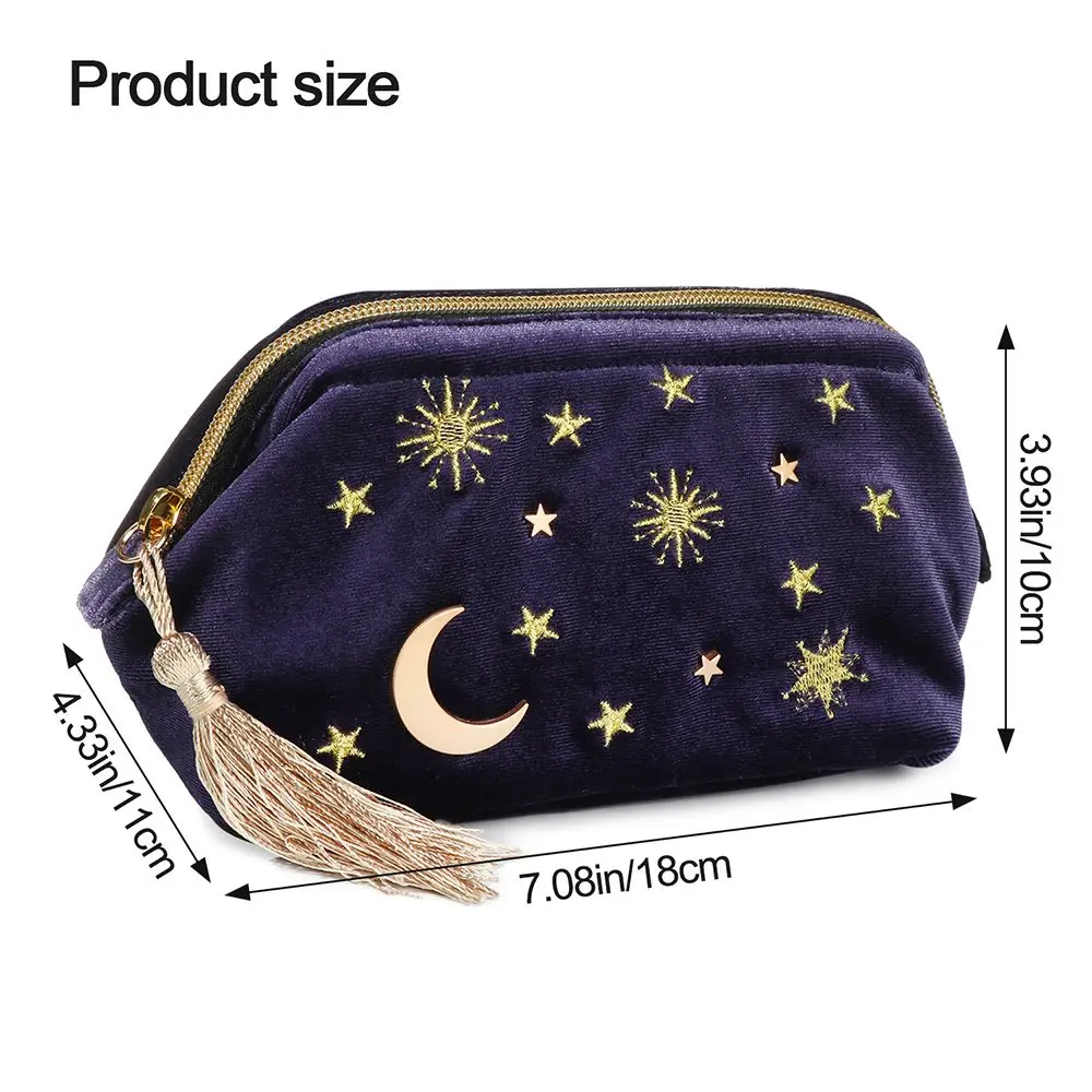 Exquisite bestickte Samt-Kosmetiktasche mit Stern- und Mondmuster, tragbare Make-up-Tasche, Schmucktasche, Reise-Organizer, Pinseltasche – Detail 1