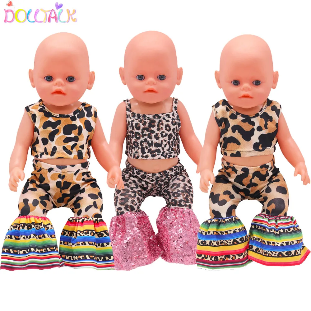 Leopard Doll Clothes T-shirt+pants Clothes Set For American 18 Inch Girl Doll Bow Shoes Outfit Bell-bottoms For 43cm Baby Dolls