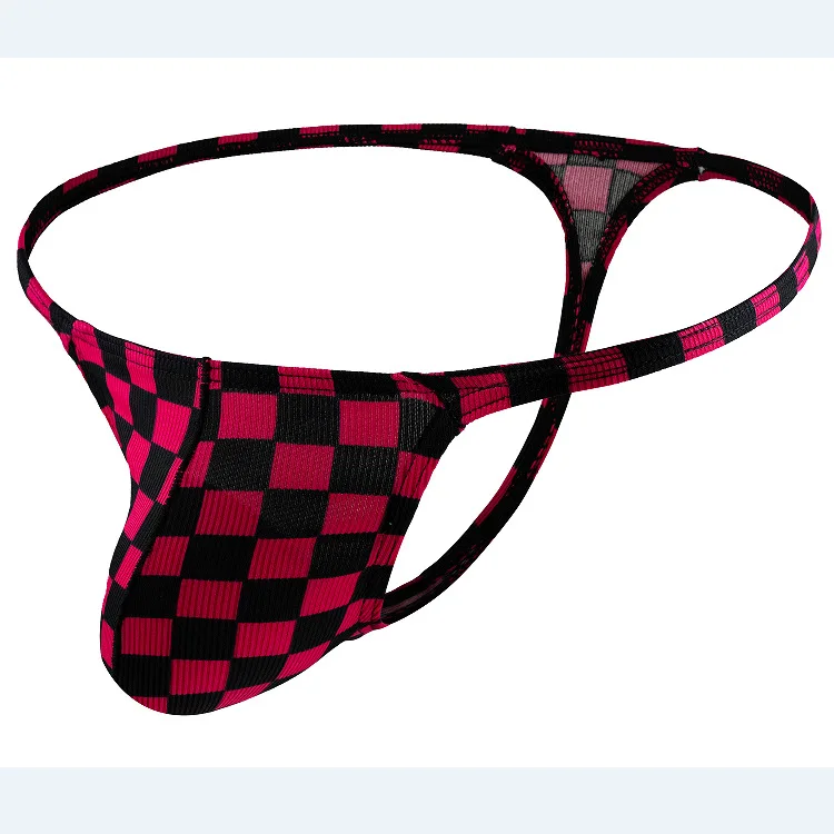 Men Checkered Slim Hem Thongs for Young People Comfortable Breathable T Back G String Panties Sissy U Convex Pouch Tangas Hombre