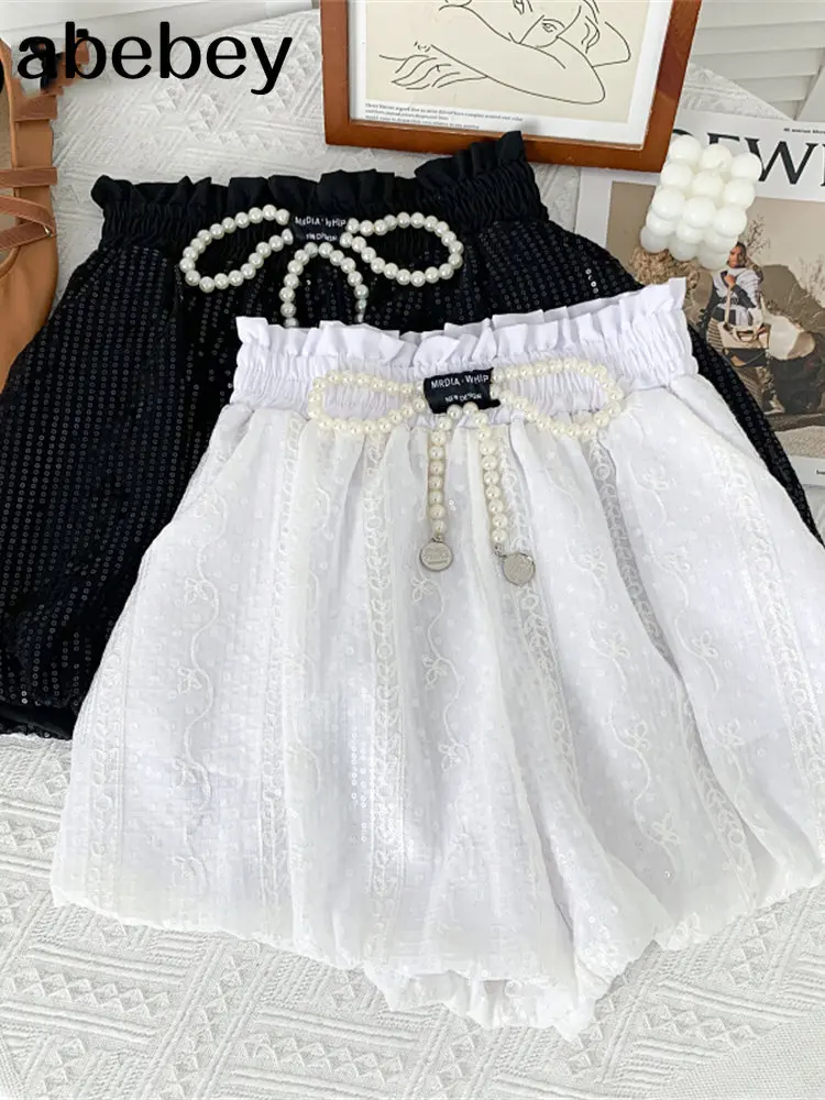 

Fashion versatile solid Shorts pearl bow Sequin decoration elastic waist high waist short lantern Shorts 2023 New Summer