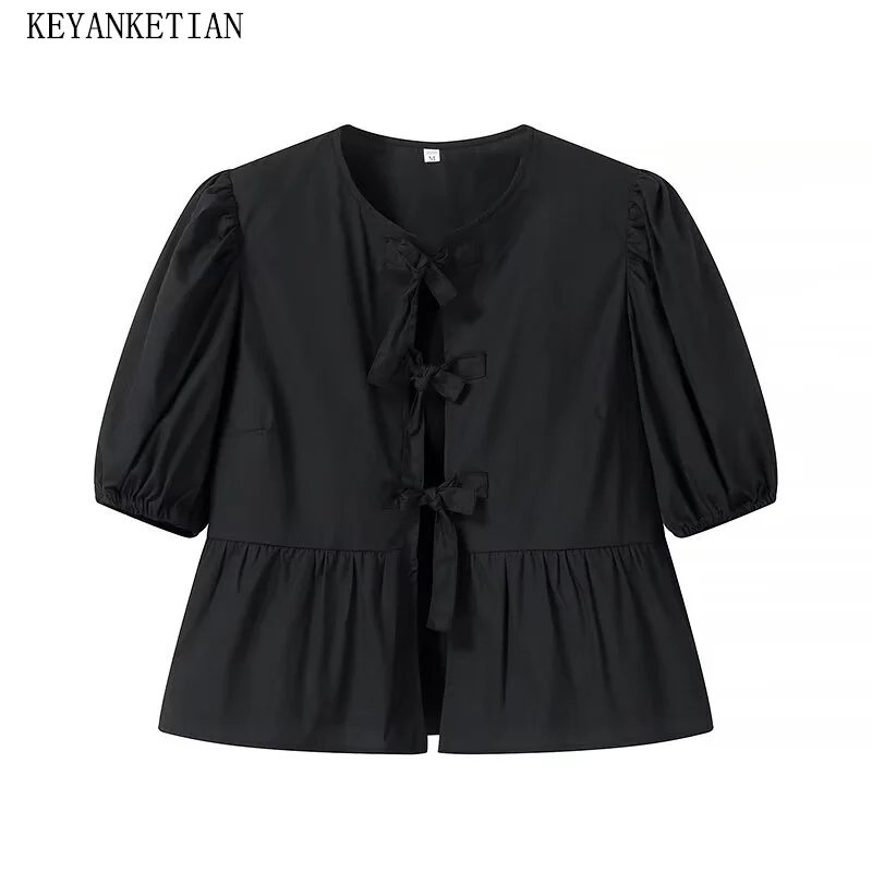 

KEYANKETIAN 2024 New Launch Women's Puff Sleeve Cotton Poplin Shirt Summer Sweet Lace Up Bow Tiered Ruffles Short Sleeve Blouse