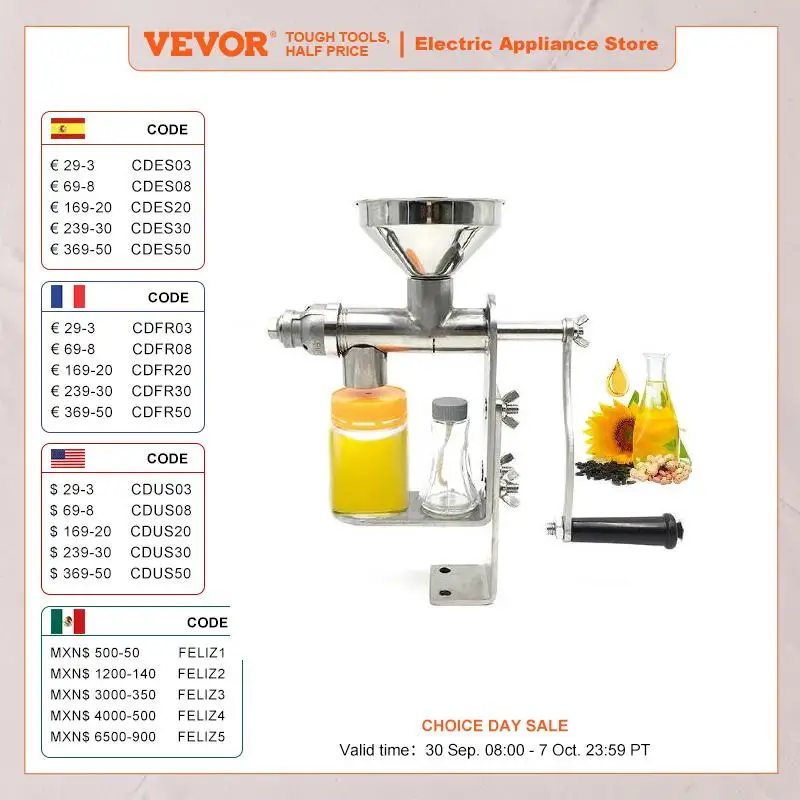 VEVOR Manual Oil Press Machine 304 Stainless Steel for DIY Seed Nut Peanut Oil Expeller Extractor Household Cold Oil Extractor