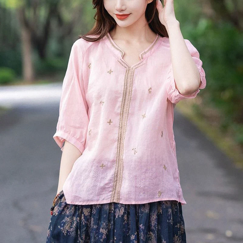 Summer 2023 Cotton Linen Embroidery Short Sleeve Blouse Female Loose Casual Fashion Literary Vintage Shirt Top Women Pullovers