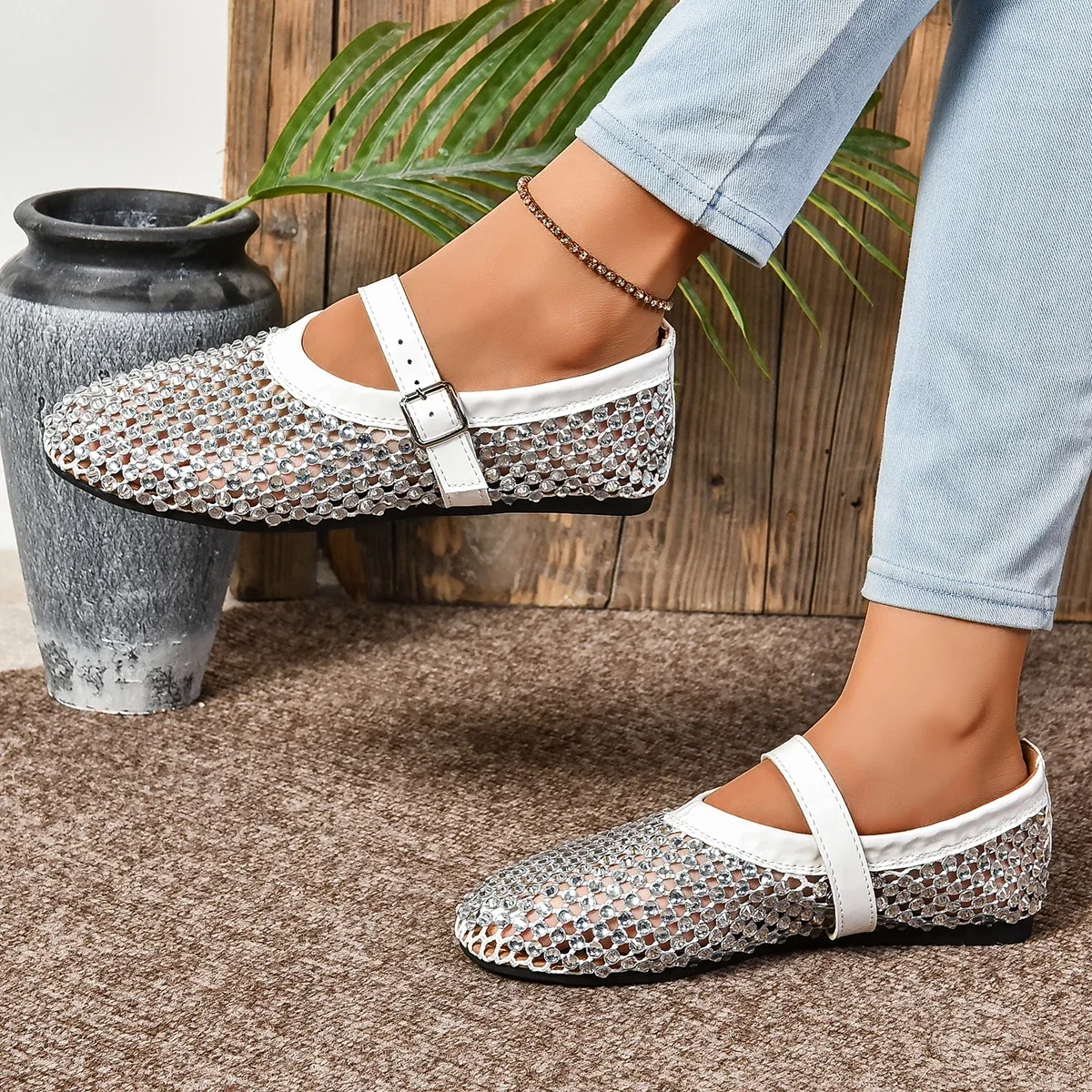 Women Sandals Crystal Women Mary Jane Ballet Shoes 2024 New Summer Laofers Casual Comfortable Flats Shoes Zapatos De Mujer