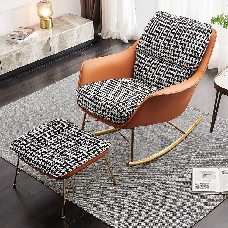 Simple modern stainless steel rocking chair single leather cloth thousand bird grid sofa chair living room balcony lazy