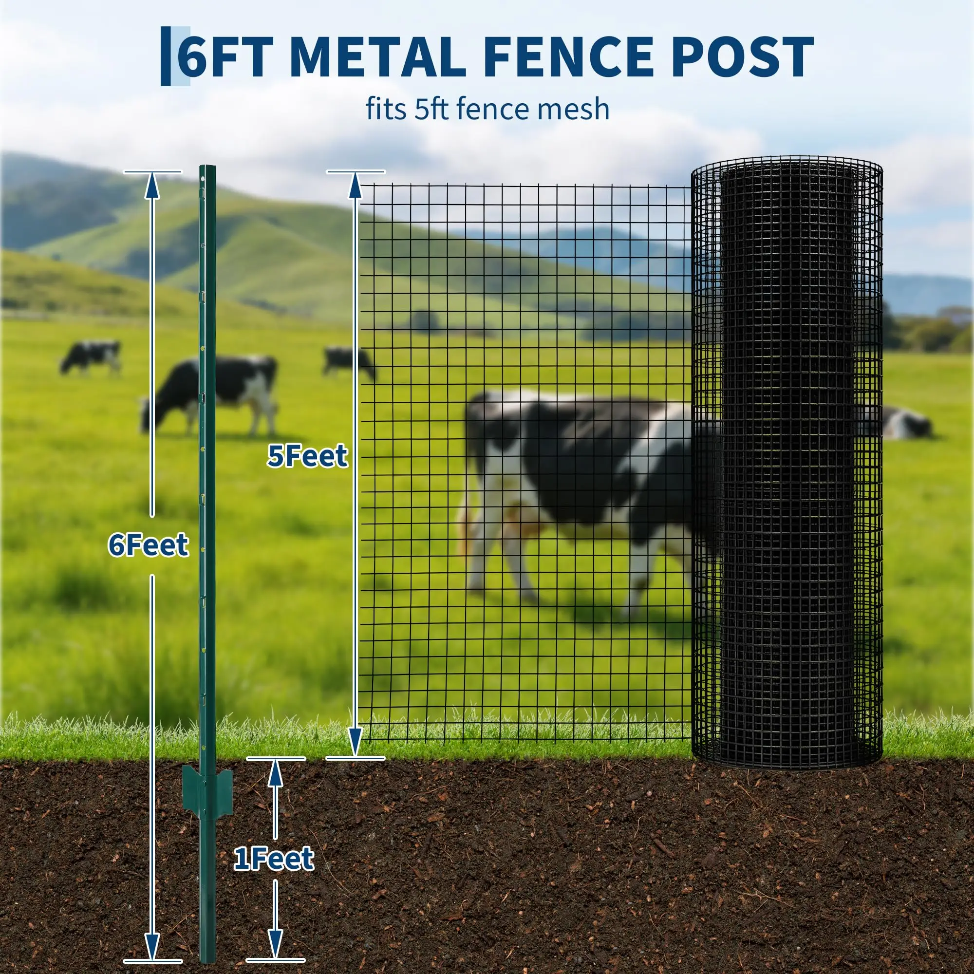 20 Pack 6FT No Dig Heavy Duty Metal U Fence Posts, Rustproof Steel Stakes With Ties & Clips For Garden Farm Wire Fence Yard