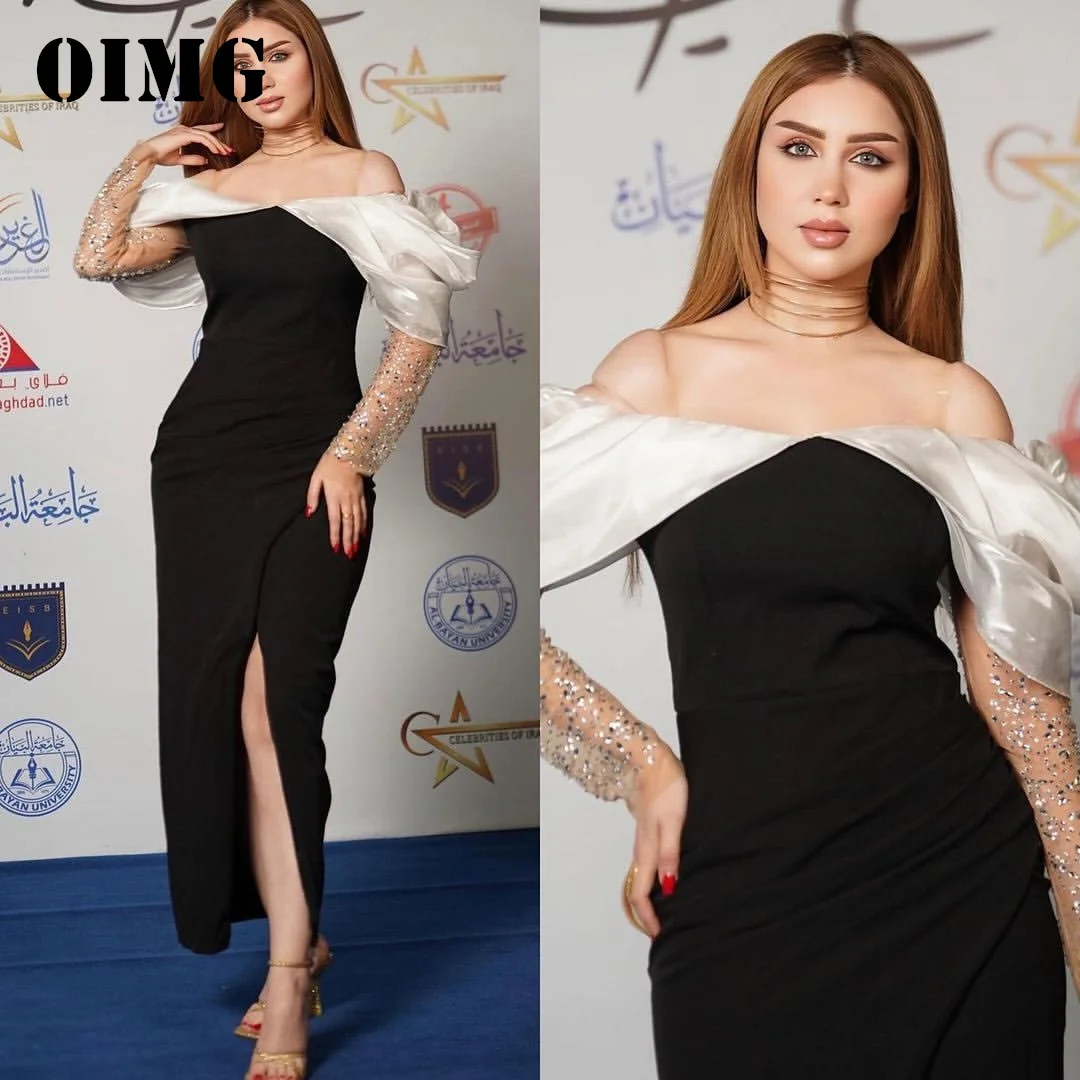 

OIMG New Design Off-Shoulder Prom Dresses Long Sleeves Saudi Arabic Satin Mermaid Split Women Evening Gowns Formal Party Dress