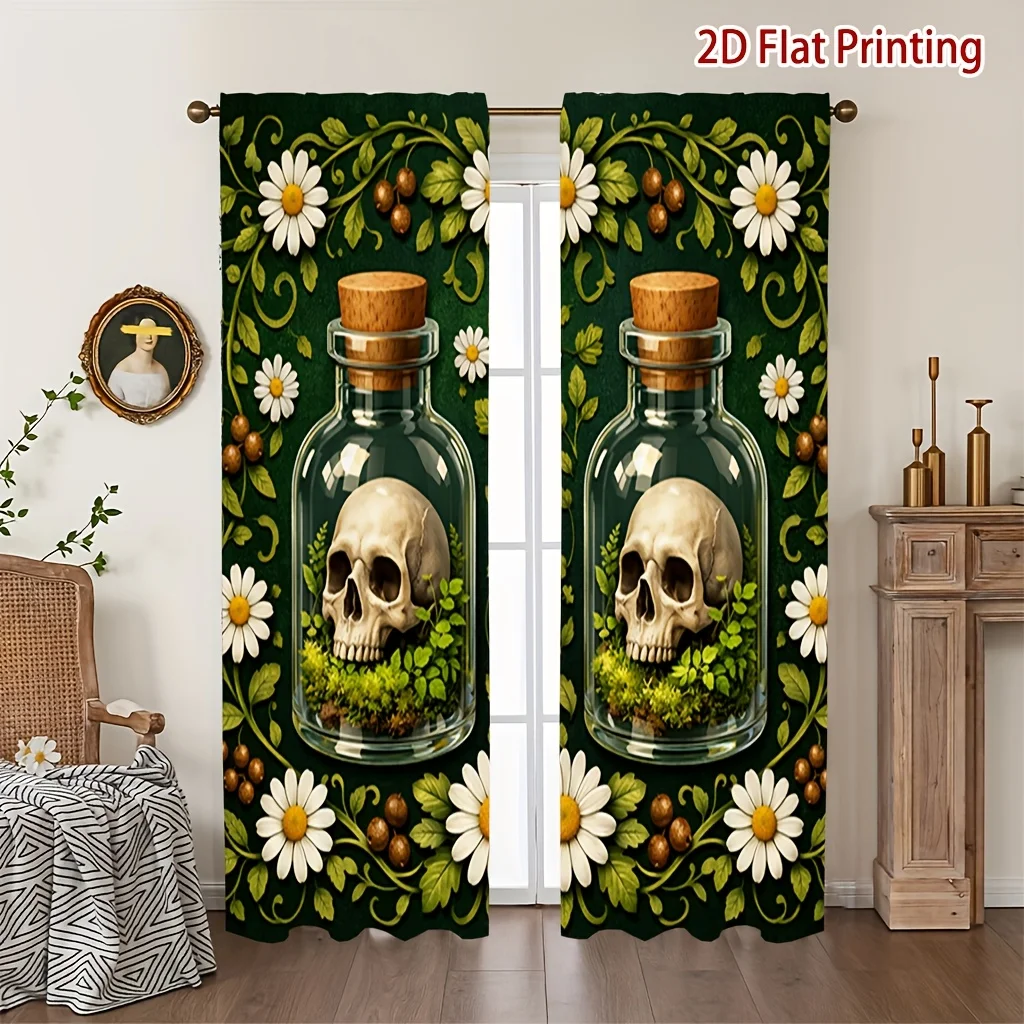 Gothic Skull Vase Floral Art Rod Pocket Window Curtains - Vintage Aesthetic Room Decor for Bedroom Living Room Set of 2 Panels