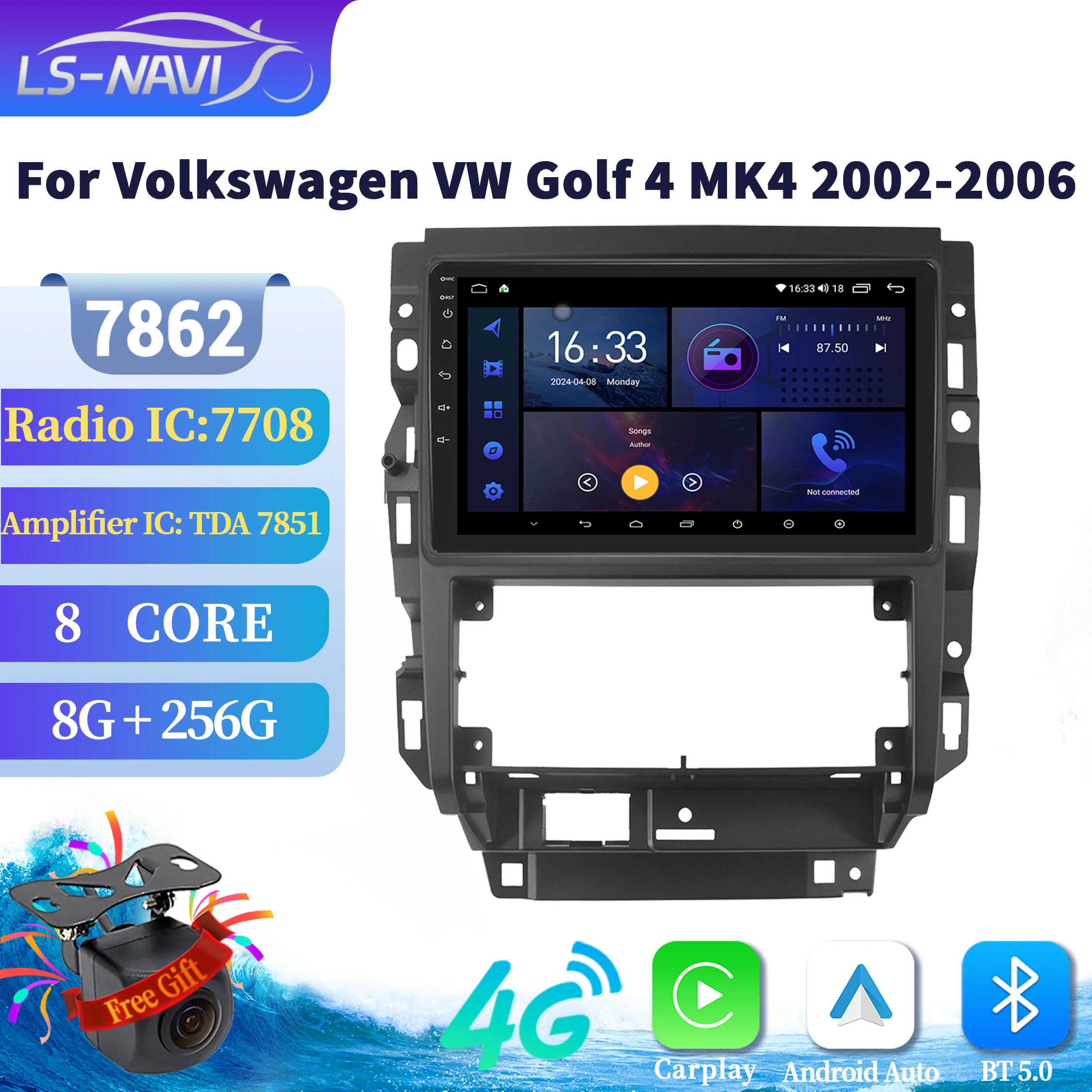 

For Volkswagen VW Golf 4 MK4 2002-2006 Android 14 Car Radio Auto Wireless Apple BT Carplay Multimedia Stereo 7862 2K QLED Screen