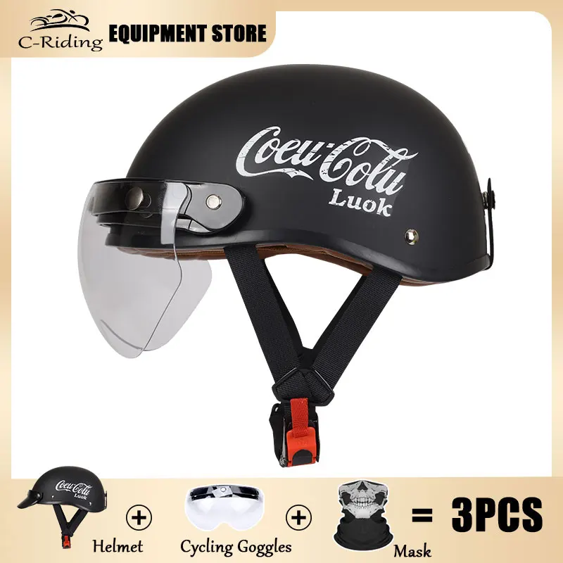 Motorcycle Bike ATV Half Open Face Helmet - with Sun Visor Quick Release Buckle - Men Women Retro Motorbike Helmets Ultra