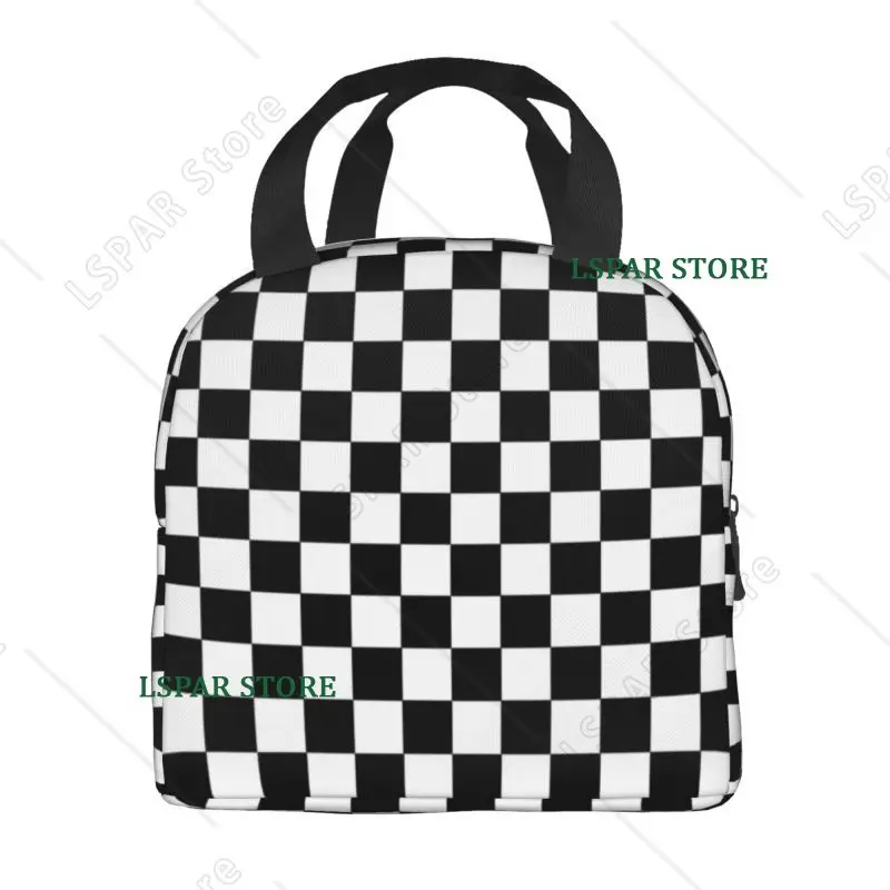 Black And White Checkered Insulated Lunch Tote Bag for Geometric Checkerboard Resuable Cooler Thermal Bento Box Camping Travel