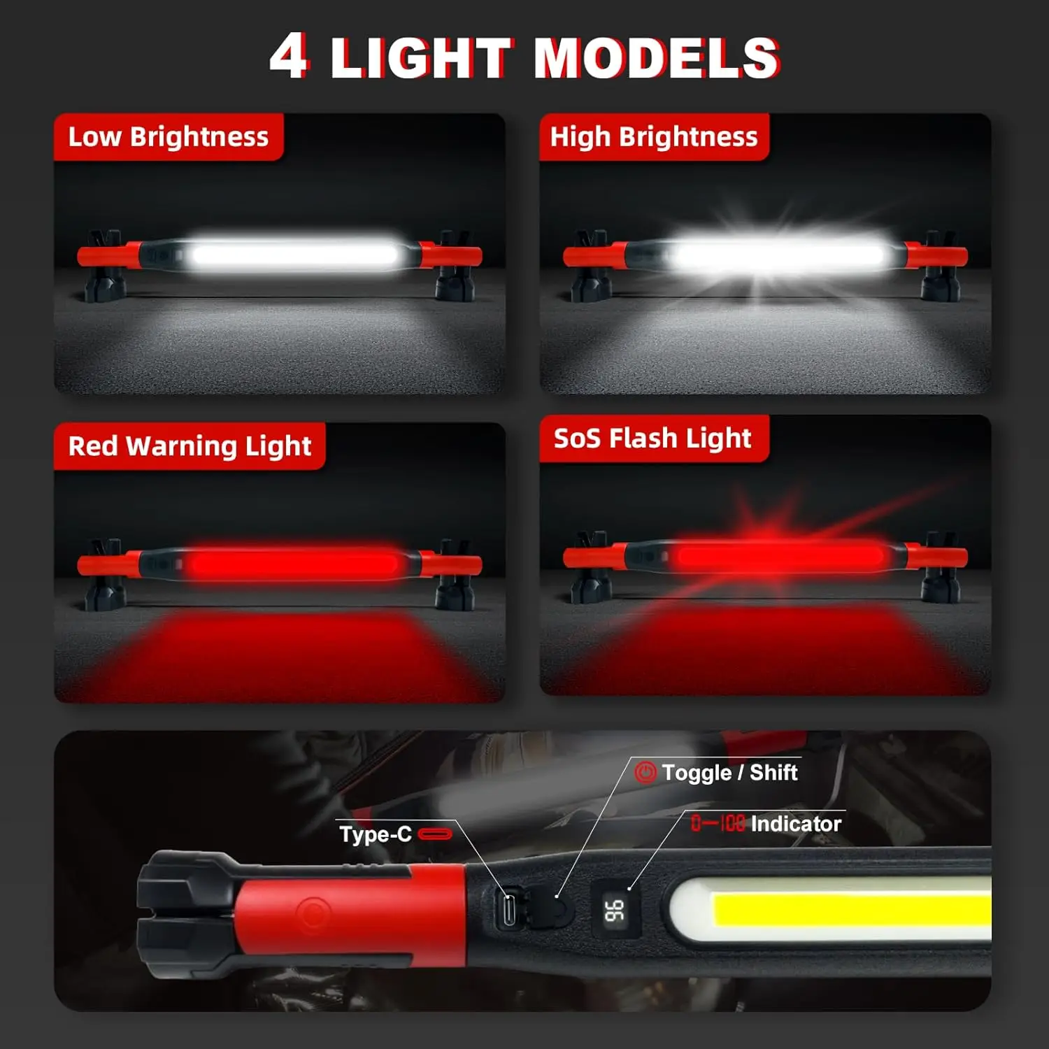 LED Magnetic Work Light Rechargeable Underhood Work Lamp With Hooks & Rotating Magnetic Base For Car Repairing Emergency