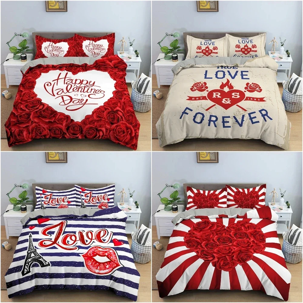 

Sweet Heart Roses Bedding Set 3D Print Floral Flowers Duvet Cover Set Luxury Quilt Cover for Valentine's Day Home Textile