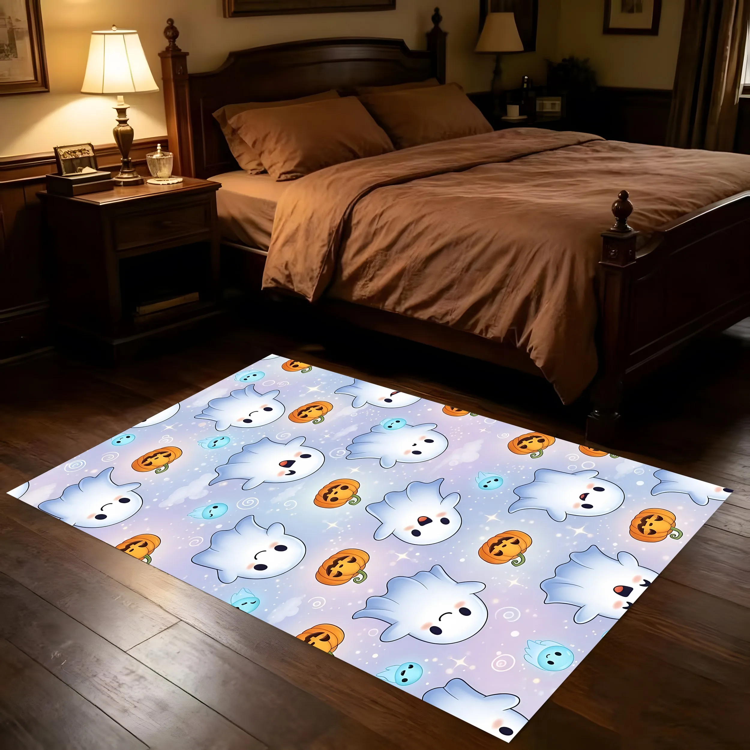 Velvet Q-Version Ghost Pumpkin Cartoon 2D Rug for Living Room and Bedroom, Autumn/Winter Cute