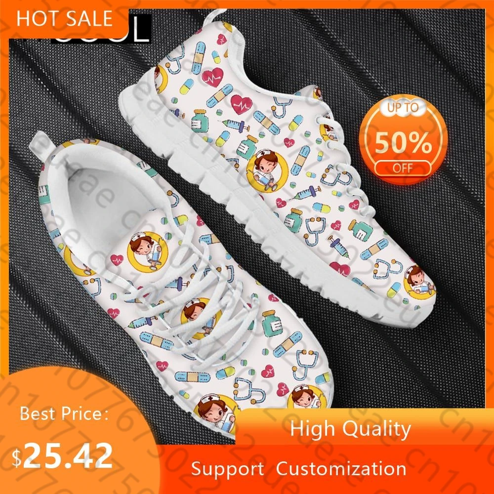 

HYCOOL Funny Cartoon Nurse Girls Pattern Women Soft Flats Running Shoes Breathable Lace Up Footwear Gym Hiking Lightweight Shoe