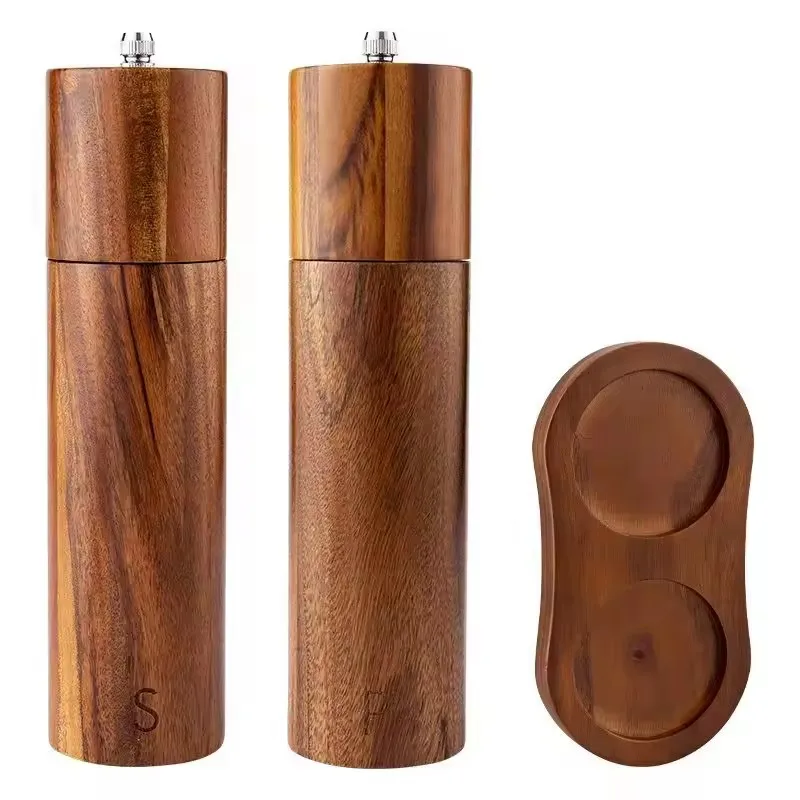 

Acacia Solid Wood Spice Pepper Mill Cylindrical Pepper Grinder Manual Black Pepper Powder Sea Salt Grinding Bottle With Base Set