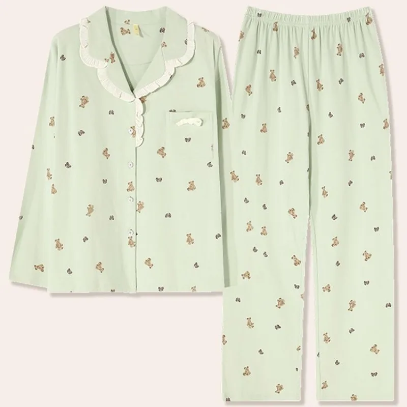 2024 New Pajamas Autumn Long Sleeve Pants Sleepwear Round Neck Spring Autumn Homewear Cardigan Cotton Simple Loose Loungewear