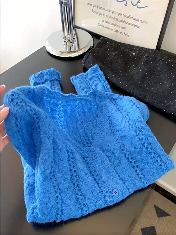 

Elegant Hollow out Long Sleeve V-Neck Knitted Open Cardigan Women's Design Sensation Sweater Jacket Korean Style Early Spring...