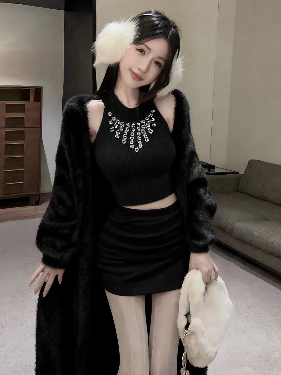 Sexy Heavy Diamond Embellished Knitted Vest Loose Slimming Mid-Length Sweater Coat Wrap Skirt Set Luxury Comfortable Fashion