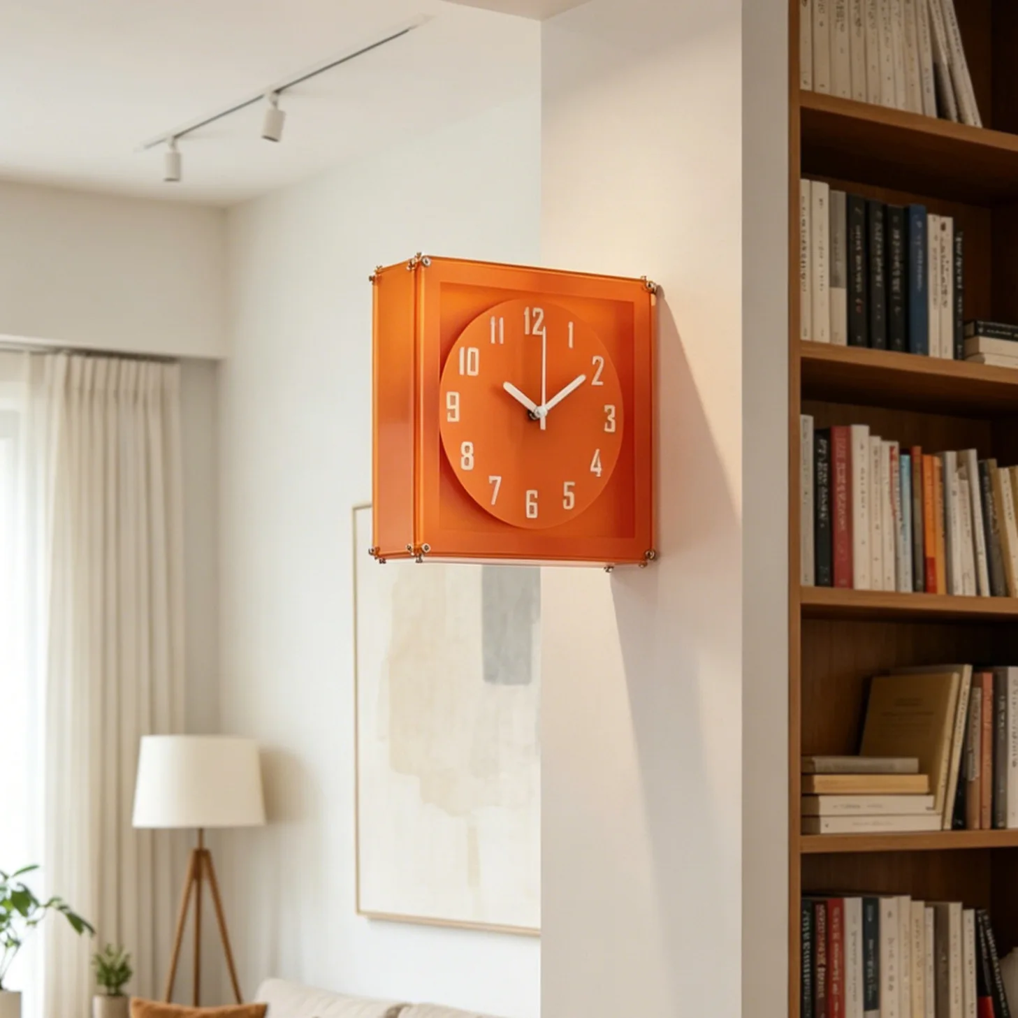 Double-sided rectangular orange wall clock for living room, no drilling required