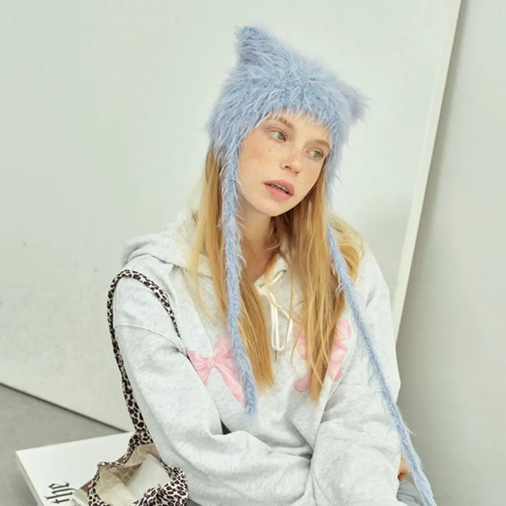 Cartoon Kitty Cat Ear Hat Cute Soft Pullover Furry Cap Windproof Korea Plush Winter Beanies Outdoor