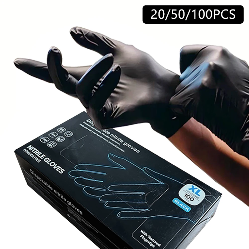 Guantes de Nitrilo Negros 100/50/20PCS, Sin Látex ni Polvo, para Tatuajes, Manicuras, Limpieza de Salones, Guantes Desechables de Látex para Trabajo con Alimentos