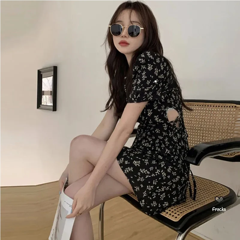 

Floral One Pieces Korea Y2K Women's Dress 2023 Summer Beach Mini Skirt Kpop Flower O Neck Sundress Puff Sleeve Waistless Dress