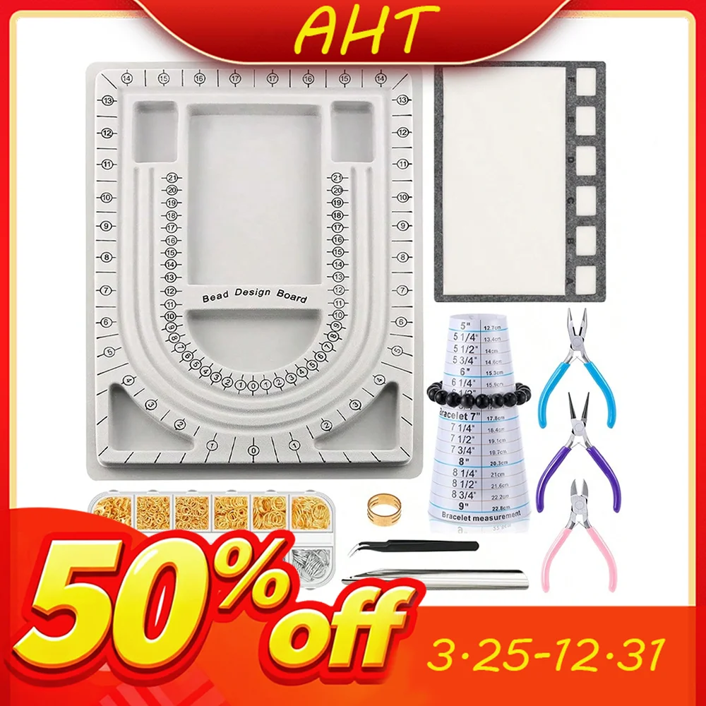 AHT 7pcs Jewelry Making Kit Bead Design Board Pliers Tools Bracelet Necklace Essential Jewelry Craft Kit Bead Design DIY Project