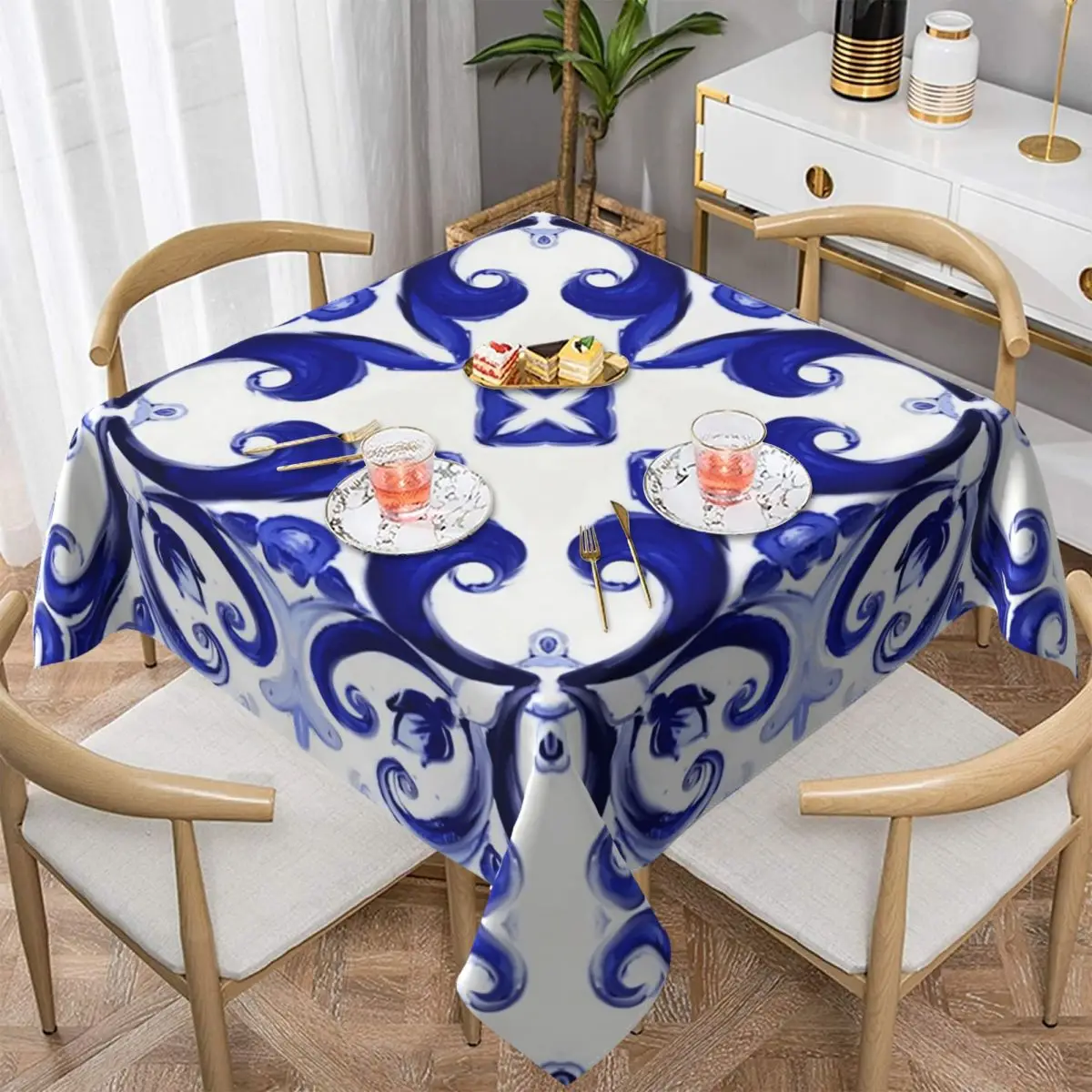 Summer,blue Tiles,mosaic,Sicilian Style Waterproof Square Tablecloth Oilproof Table Cloth for Kitchen Events Dining Table Cover