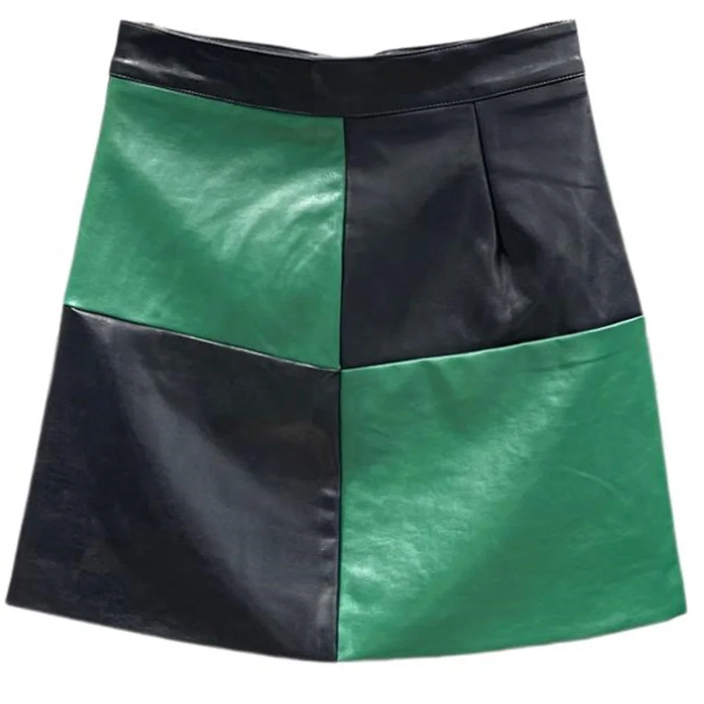 Plaid Leather Skirt Women Autumn and Winter Personalized Color Splice PU Skirt Women's High Waist Slim A-line Short Skirt