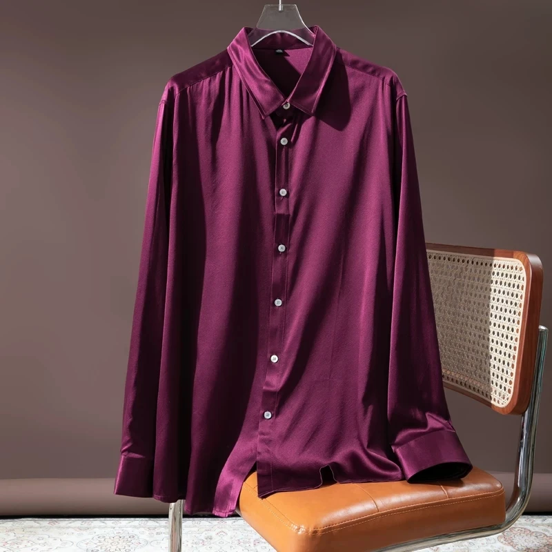 

High Luxury Real Silk Blouse Tops for Women 2026 Spring Casual Purple Chic Ladies Lapel Long Sleeve Mulberry Silk Satin Shirts