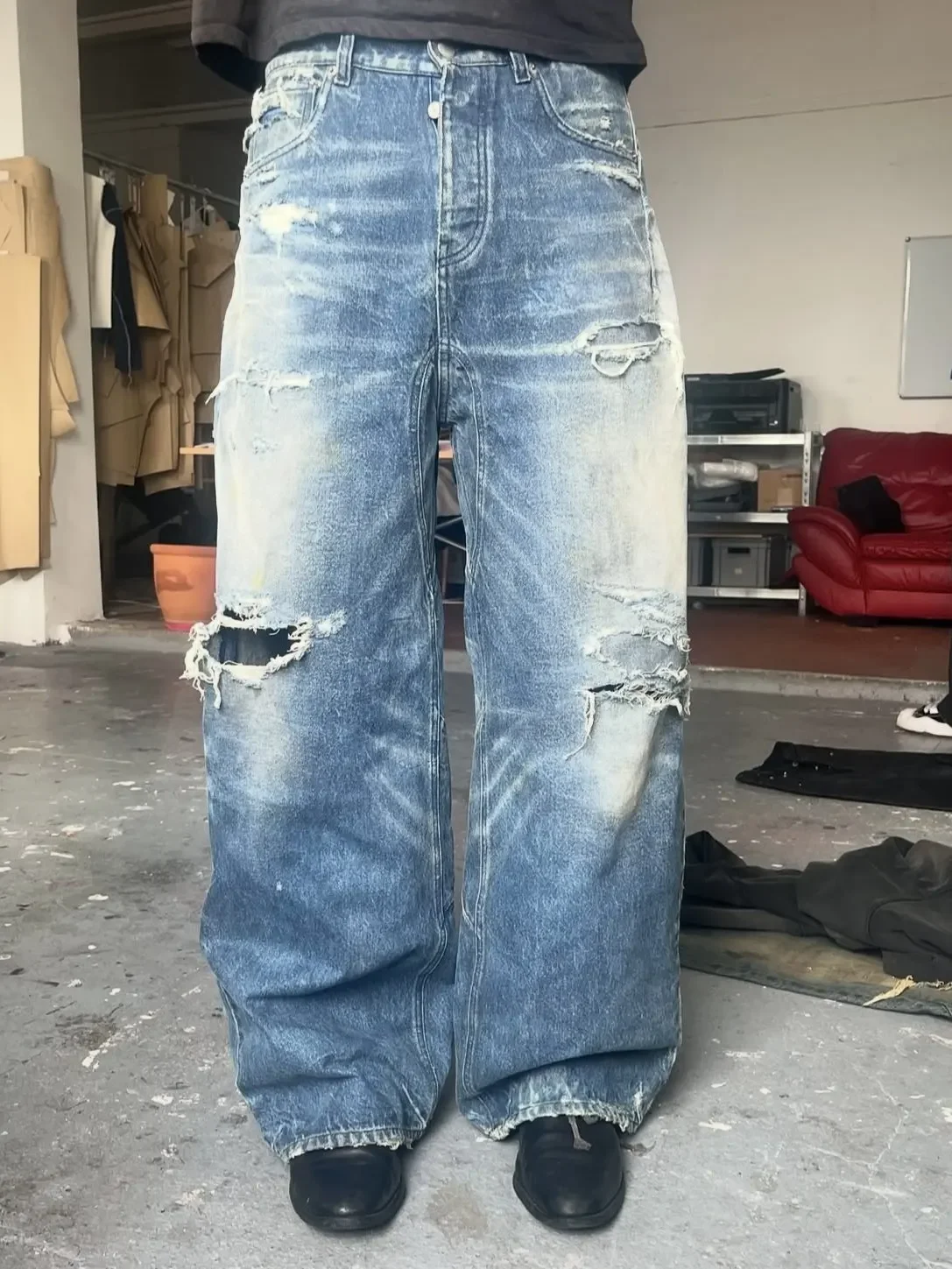 Nofaith washed do old ripped patch loose baggy scimitar jeans