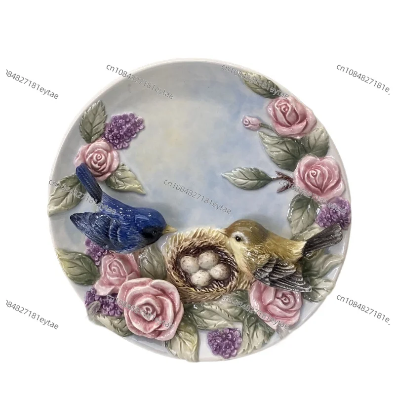 

3D Red Rose Bird Lover Decorative Wall Dishes Porcelain Decorative Plates Home Decor Crafts Room Decoration Accessories Figurine