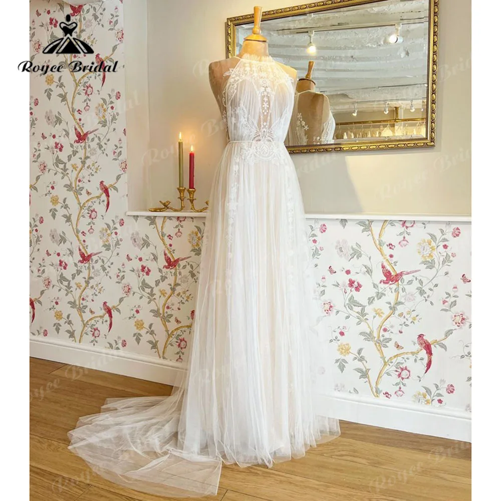 Roycebridal Lace Tulle Halter A Line Boho Beach Pleats Wedding Dress 2025 Robe Mariage Bridal Gown Receipt Dinner Customized