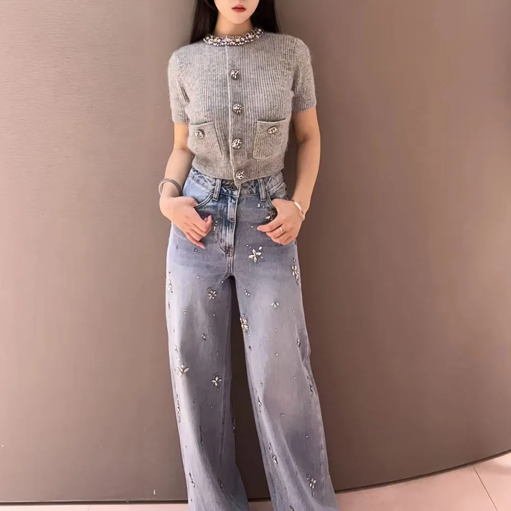 2025 autunno e inverno nuovo cardigan tempestato di diamanti da donna girocollo manica lunga top eleganti da donna