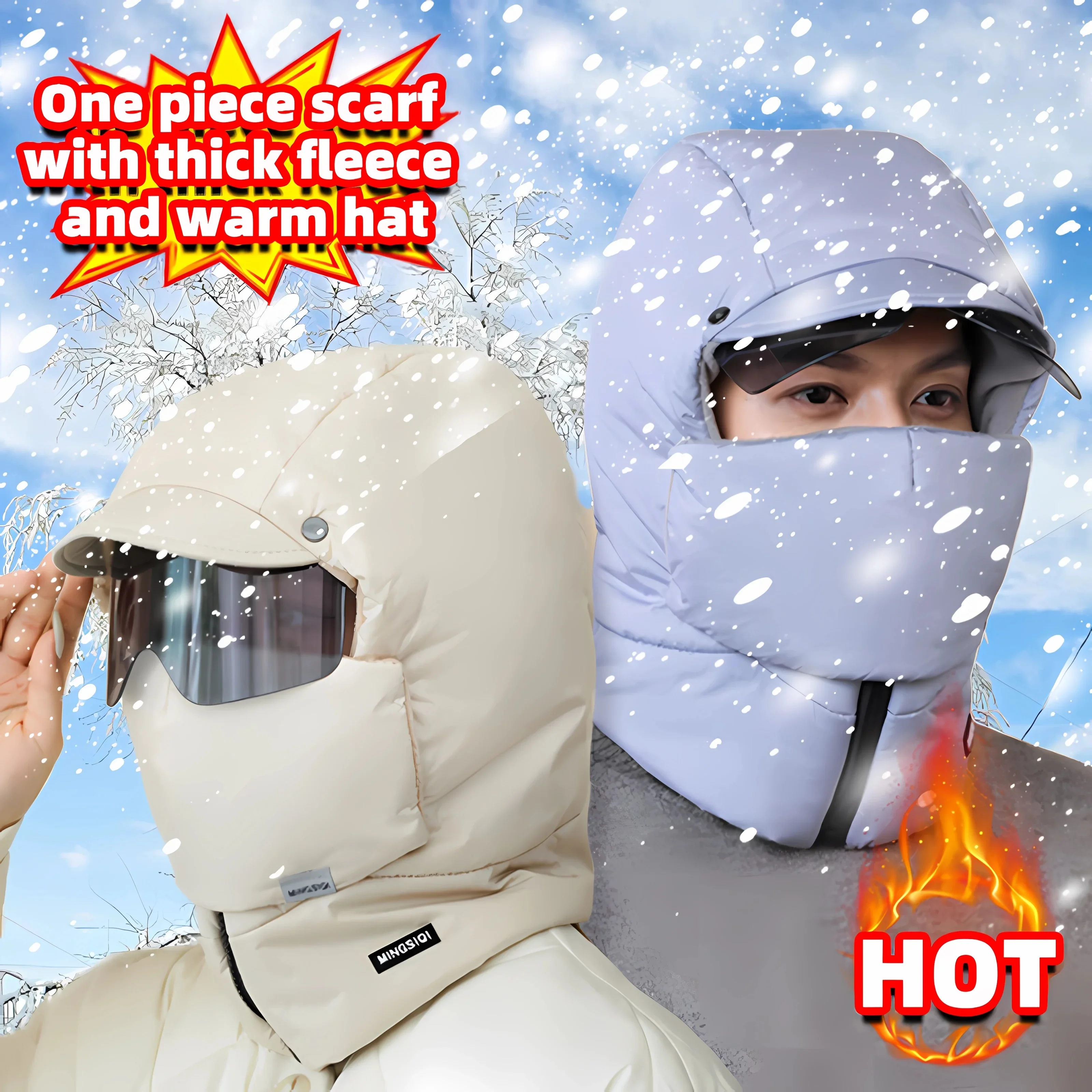 Newest 1PCS Down Cotton Snow Motorcycle Hat Men's and Women's Warm Ski Hat with Fleece Cold Resistant Scarf Glasses Hat Gifts