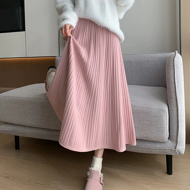 Mid-length Knitted Skirt Women\'s Autumn and Winter New High-waist A-line Skirt Gray Black Beige Long Pleated Skirt Female