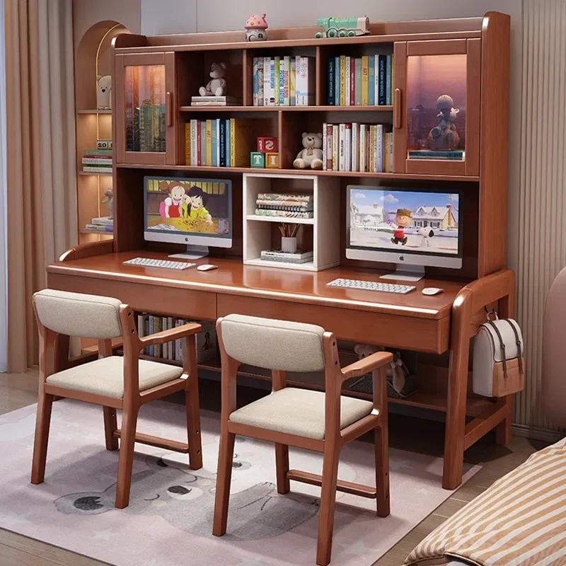 Solid wood double desk bookcase integrated simple learning home table and chairs
