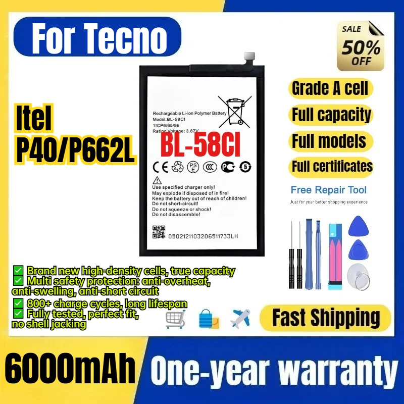 BL-58CI for Tecno Itel P40/P662L Phone Battery 0 Cycle High Quality Capacity Battery Replacement Bateria Grade A Cell with Tools