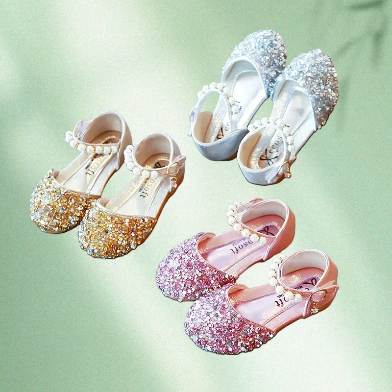 Girls Soft Flat Princess Shoes for Stage & Choir Performance, Lightweight Non‑Slip Sole, Silver Gold Pink for Medium to Big Kids