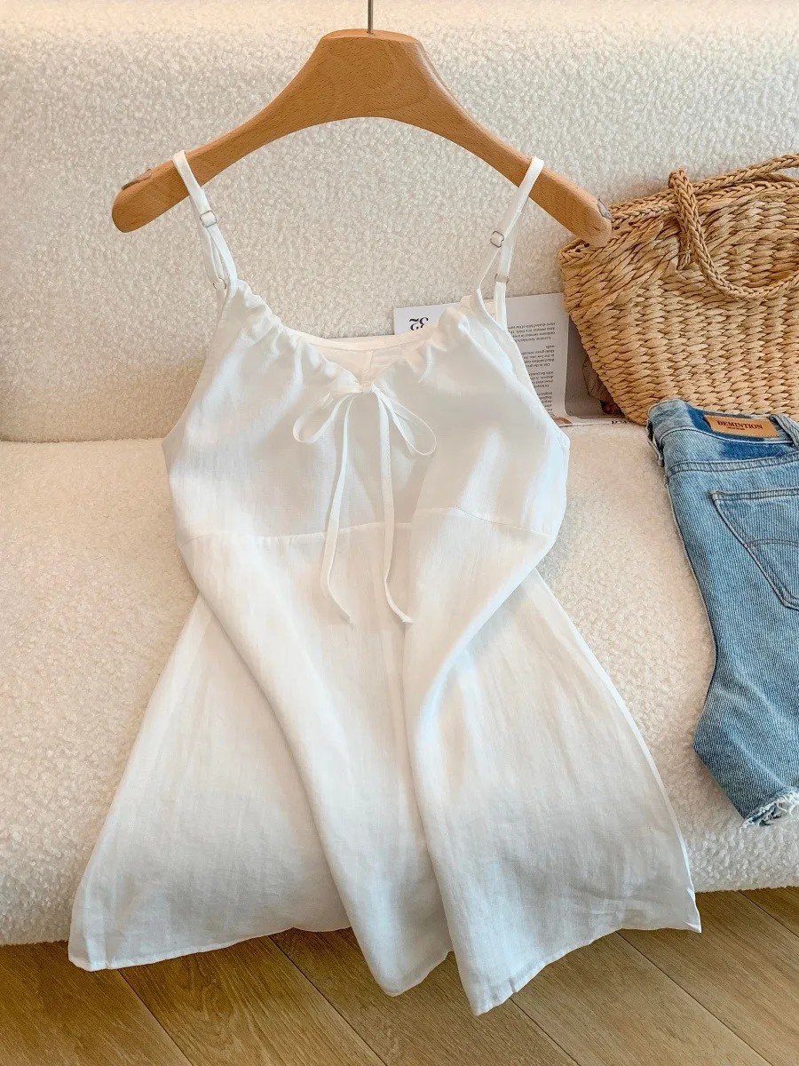 Ladies Green Bean Color Gentle Personality Belted V-neck Strapless Vest Summer New Loose Slimming Top Outdoor Wear