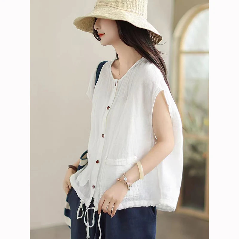 

Summer New plus Size Women's Cotton Linen Shirt Jacket Drawstring Shoulder Sleeve Top Commute Style Artistic round Neck Casual