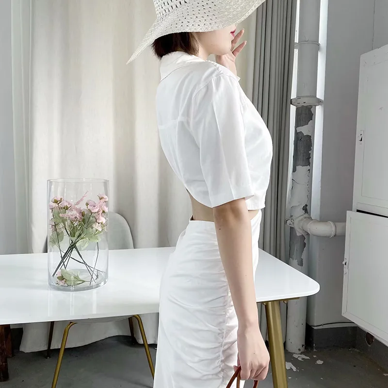 Dress For Women 2023 Autumn New Half Sleeve Solid Hollow Out Button Turn-down Collar Fashion Elegant Casual Loose Straight Dress