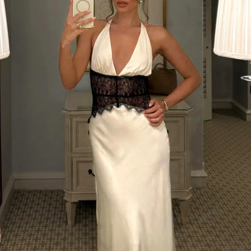 Robe Maxi en Satin de soie pour femmes, décolleté licou, dentelle, Patchwork, taille froncée, Sexy, robe de soirée élégante, été automne 2025
