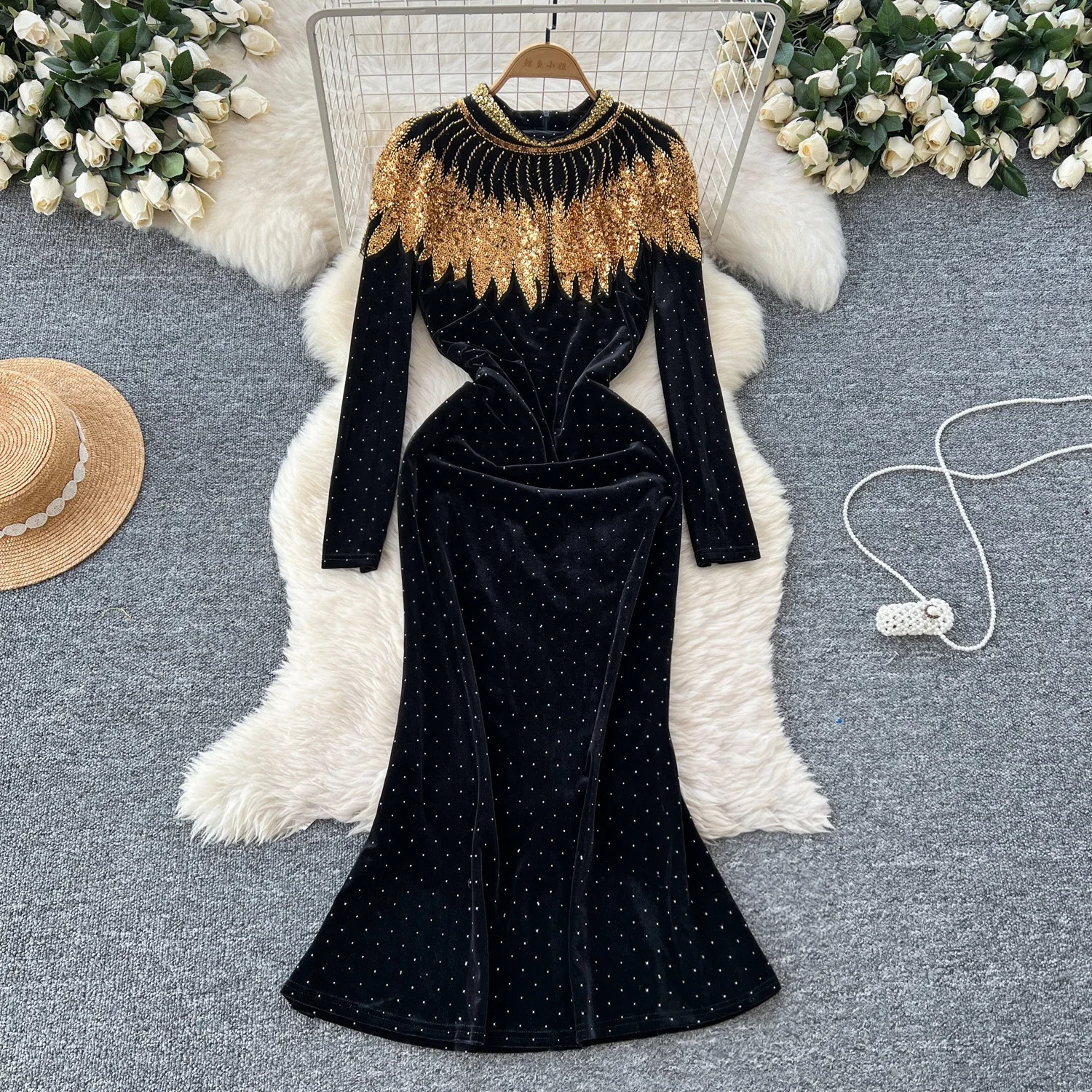 Vintage Glitter Sequin Stand Neck Fashion Long Sleeve Elegant Rhinestone Velour Slim Evening Dresses French High Street Clothing